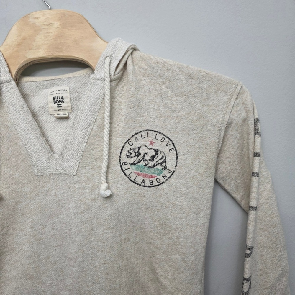 Billabong Cali Love Hoodie Womens Medium Oatmeal Graphic Raw Hem Surf - Picture 9 of 12